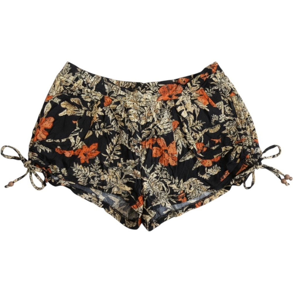 AGA Women Black Tropical Floral Shorts Elastic Waist Side Tie L India Boho